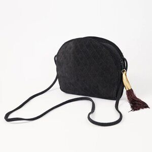Nordstrom 1980s Vintage Italian Black Quilted Suede Tassel Tusk Shoulder Bag